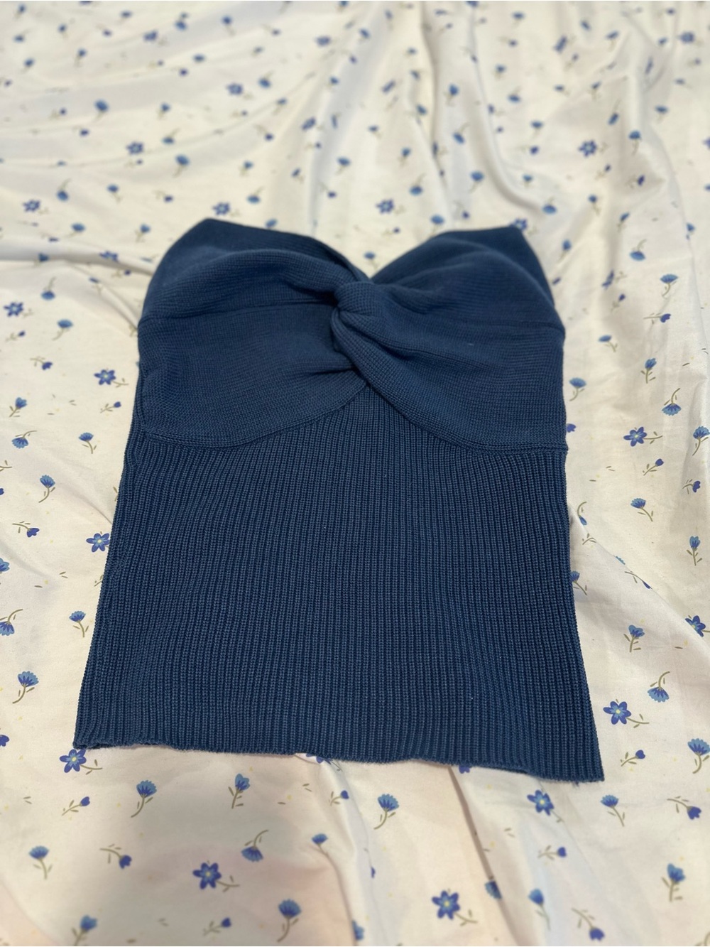 NWOT blue ribbed knit sweetheart neck SzXS strapless crop top twisted knot front